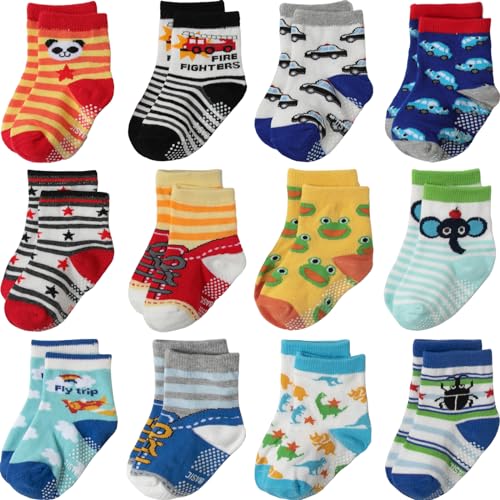 Image of Aroveea Baby Toddle Socks Grip Non Slip Kids Boys Girls Cotton 12 Pack Ankle Cute Newborn Socks