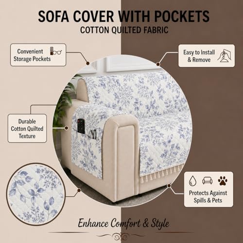 Image of STITCHNEST 'Frostvine Collection' 2 Seater Sofa Cover | Full Coverage with Armrest Pockets | Cotton Quilted Fabric, Decorative Tassels, Washable & Durable for Modern Living