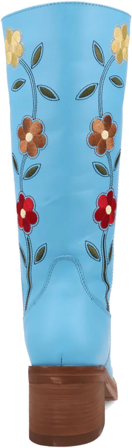 Betastella Knee High Motorcycle Boots Women Floral Embroidered Tall Riding Boots, Vintage Chunky Heel Pull On Long Cowboy Boot for Party Concert