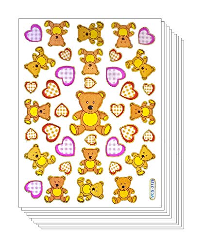 Teddy Bear, 10 Sheets Colorful Teddy Bear with Heart Decorative Sticker, Scrapbook Stickers, Reflective Stickers - Stickers for Kids - Size 4 X 5.25 Inch./Sheet