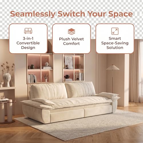 NicBex 73.2" Queen Pull Out Sofa Bed, 3-in-1 Convertible Futon Sleeper Sofa with Pillow Armrest, Modern Velvet Multi-Functional Couch Bed for Small Space, Apartment, Bedroom, Living Room, White - Image 7