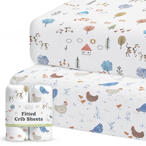 Crib Sheets Neutral - Fitted Baby Crib Sheets Bed for Girl Boy - 2 Pack Standard & Toddler Mattress (Farm Animals) - Buttery Soft Organic Cotton Blend