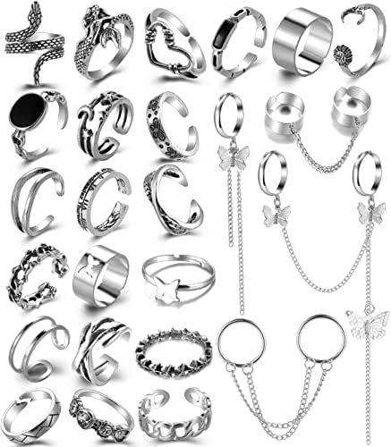 Vintage Silver Punk Chain Rings Set for 