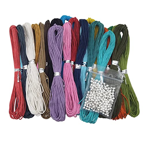 INSPIRELLE 20 Colors 1mm Jewelry Making Beading Crafting Macrame Waxed Cotton Cord Thread with 200 Silver Metal Beads, 10 Yards Each Color