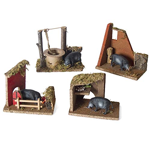 Set 4 pz Ambientazione PRESEPE Fattoria mangiatoia dei MAIALI 14 x 8 x h. 13 cm 4 SOGGETTI con STATUINE MAIALI Animali STALLA presepe per PASTORI di Natale AIA Cortile Casolare