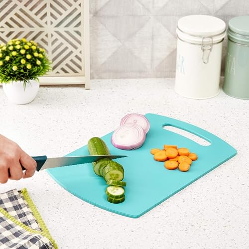 Image of SNKM - Chopping Cutting Board Plastic | with Handle | for Vegetables, Fruits, Meat, Fish, Cheese & Bread | Premium Food Grade, 100% BPA-Free, Dishwasher Safe | Medium, Turquoise Blue, Set of 1