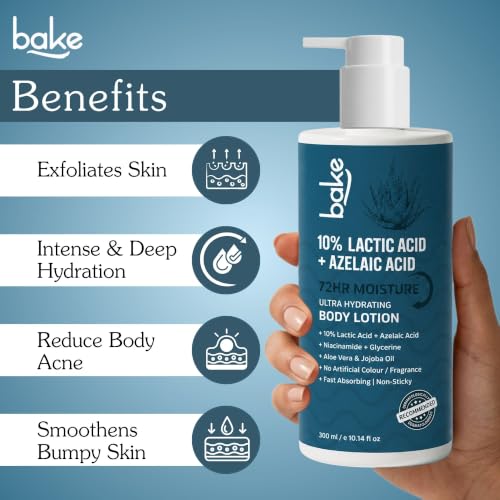 Image of BAKE 10% Lactic Acid Body Lotion with Azelaic Acid | Smooths Rough & Bumpy Skin, Exfoliates Skin & Reduces Body Acne | Ultra Hydrating Body Lotion | 300ml