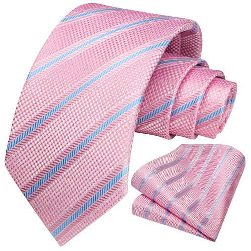 Image of HISDERN Stripe Tie Mens Ties with Pocket Square Set Classic 3.4'' Silk Formal Necktie Handkerchief for Business Wedding