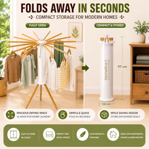 Image of Tripod Clothes Drying Rack Foldable & Rust Resistant Laundry Stand with 16 Solid Beech Wood Rods | Space Saving Indoor & Outdoor Dryer Stand for Clothes, Towels & Garments