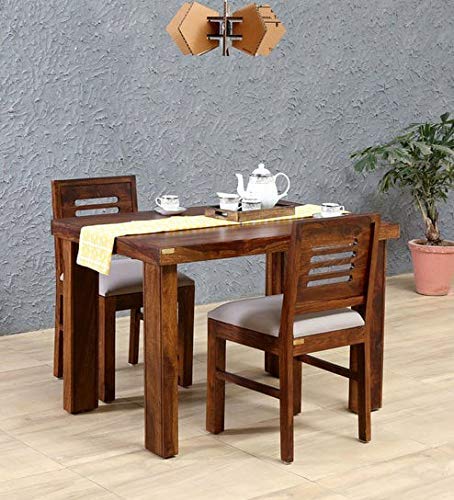 SHREE SHYAM FURNITURE Solid Wood Dining Table 2 Seater | Dinning Table with 2 Chairs Including Cushions | Dining Room Furniture | Sheesham Wood, Brown Finish