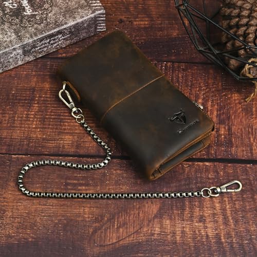 Genuine Crazy Horse Leather Travel Gift Coin Pocket Card Case Long Organizer Chain Rfid Wallet Purse With Snap For Men Male 1029 (1029 Brown)4