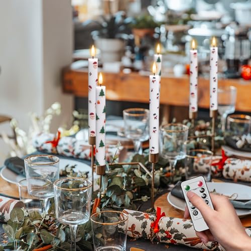 Image of GenSwin 6 Pcs LED Taper Candles with Remote Timer, Christmas Decals, Battery Operated, White Wax, Classic Style, Energy Efficient, 9.6 inch H