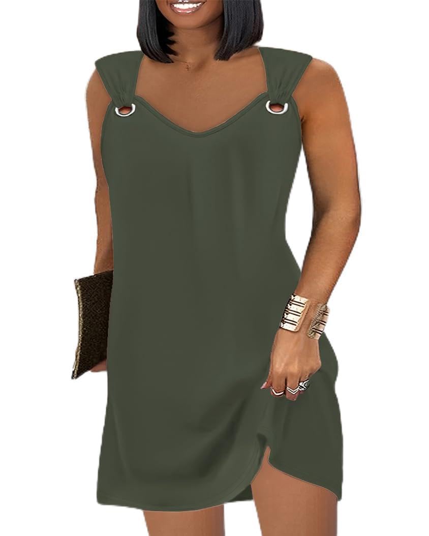 Vestido feminino plus size, sem mangas, gola V, com alças de metal, casual, caimento solto, verão, diário, escritório, roupa