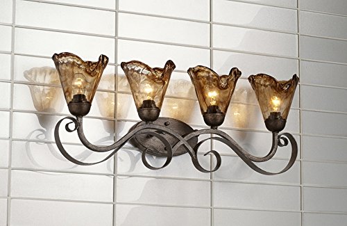 Image of Franklin Iron Works Amber Scroll Rustic Vintage Wall Mount Light Golden Bronze Silver Metal 29 1 /2 inch Wide 4-Light Vanity Fixture Organic Art Glass Shades Decor for Bathroom Over Mirror House Home