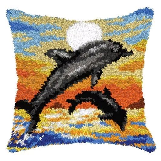 ROCKY&CHAO Latch Hook Kit for Adults & Kids, Complete DIY Cushion Making Craft Kits with Yarn & Canvas and Crochet Needle, Latch Hook Pillow Cover Adult Craft Kits for Women - Sunset Dolphin 43x43cm