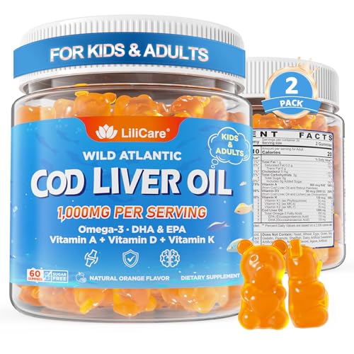 Cod Liver Oil Gummies 1000mg for Adults & Kids 9+ w/Omega 3 (EPA & DHA) Vitamins A D3 & K2 - Cod Liver Oil Omega 3 Gummies for Immune Brain & Cognitive Support SugarFree Orange Flavor 120Cts