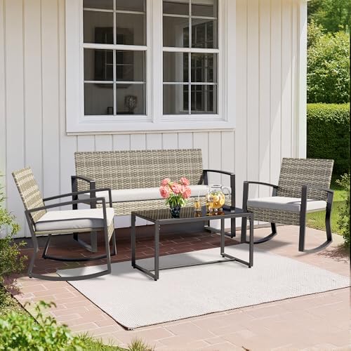 Image of Ahomly 4 Piece Outdoor Furniture Set with Rocking Chairs, Light Grey