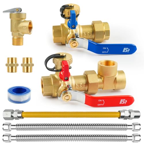 3/4 Inch Tankless Water Heater Valve Kit with Pressure Relief Valve and Gas Connectors,Clean Brass & NPT Thread