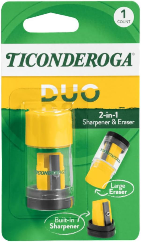 Ticonderoga Duo 2-in-1 Sharpener & Eraser, 2.125" x 1.125" x 1", Yellow/Green, School Class Pack of 72