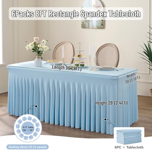 Image of Outpain 6Pack Baby Blue 8FT x 8FT Rectangular Spandex Polyester Blend Tablecloth for Standard Folding Tables - Set of 6