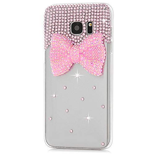 S7 Edge Case,Samsung Galaxy S7 Edge Case - Mavis's Diary 3D Handmade Lovely Cute Pink Bow with Bling Crystal Shiny Diamonds Gems Clear Cover Hard PC Case