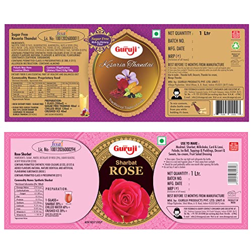 Image of Shree Guruji Sugar Free Kesaria Thandai & Rose Sharbat Combo Pack Milk Beverage Refreshing Drink for Summer Dry Fruit Syrup Sharbat Instant Drink (1 Litre)