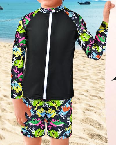 Boys Two Piece Rash Guard Swimsuits Long Sleeve Zipper Swim Shirt and Trunks Bathing Suit Swimwear Set2