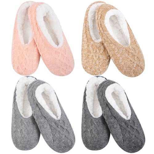Eurzom 4 Pairs Fuzzy Soft Sole Slippers for Women Indoor House Slippers with Non Slip Bottoms for Winter Cozy Gift