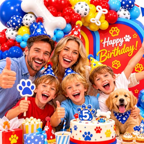Image of PTGUOLUO Paw Balloons Garland Arch Kit 201Pcs with Dog Bone Foil Balloons and Paw Print Balloon, Royal Blue Yellow Red Balloons Arch Kit for Paw Birthday Baby Shower Party Decorations