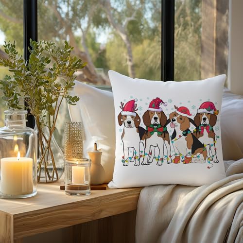 Image of Winter Christmas Beagle Dog Pillow Covers 18x18, Beagle Christmas Decorations, Holiday Xmas Hat Dog Decorative Throw Pillow Covers for Couch Sofa Bedroom Living Room Home