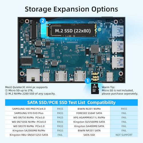 Image of MeLE Quieter 3C Fanless Mini PC N5100 (1.1-2.8GHz) 8GB RAM 256GB Storage | Support 2 HDMI + USB-C Triple Display, WiFi 5 BT5.1 GbE, Quiet, No Dust, Support Win11 /10 & Linux, Unlocked BIOS, Low Power