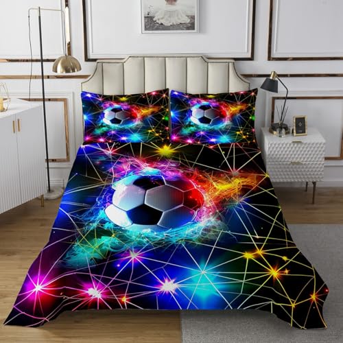 Castle Fairy Football Bedspread Twin Size,Neon Lights Purple Blue Coverlet Set 2pcs for Kids Girls Boys Youth Bedroom Decor,Colorful Glow Quilt Set,1 Pillowcase