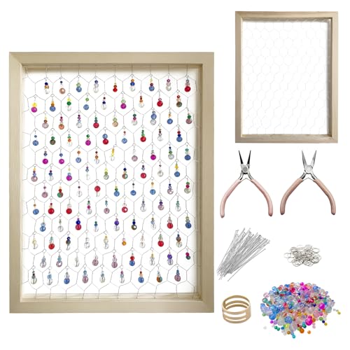 Yuzhrao Chicken Wire Frame Craft Kit with Glass Beads - Unfinished Wooden Frames DIY Window Frame Wall Decor Indoor Outdoor1 Pack Outer1713in