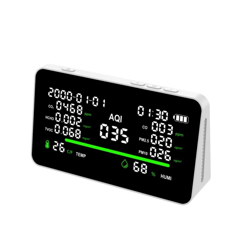 Monitor de calidad del aire interior 11 en 1 con pantalla de 7 pulgadas para sensor de humedad de temperatura CO2 PM2.5 PM10 HCHO TVOC, batería USB-C de 850 mAh