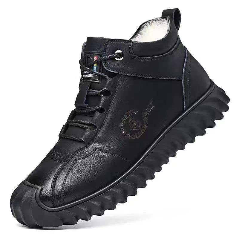 Men's Winter Fleece Warm Snow Boots Leather Ankle Booties,Casual Lace Up Sneakers Non-Slip Waterproof Walking Hiking Shoes