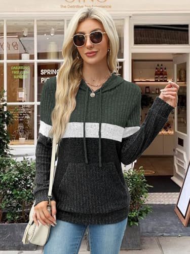 MixShe Women’s Color Block Knit Hoodie – Casual Long Sleeve Pullover Sweater Tops with Pocket