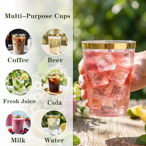 Image of DaYammi 200 Pack Gold Plastic Cups 10 Oz Clear Cup Gold Rimmed Disposable Wine Glasses Fancy Disposable Party Cups Tumblers Drinking Cup Plastic Cocktail Glasses gold disposable cups for Party Wedding
