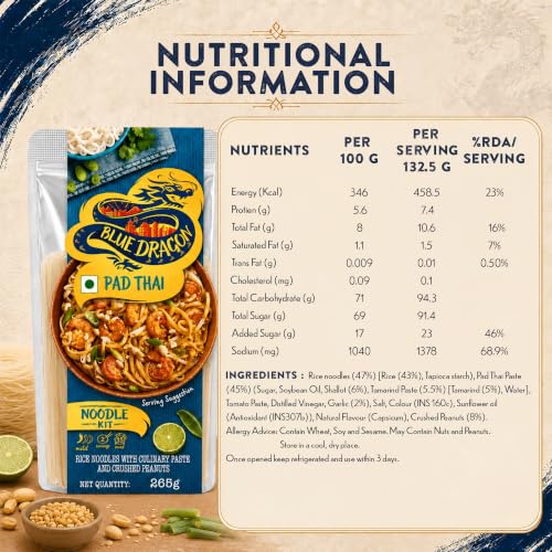 Image of Blue Dragon Pad Thai Noodle Kit, 265g | Authentic Imported Thai Meal Kit | Includes Premium Rice Noodles, Sauce & Crushed Peanuts | Restaurant-Style at Home | Ready in 15 Minutes | Vegan | Serves 2