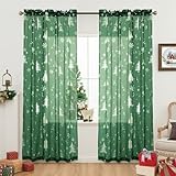 DEARTOWN Christmas Sheer Curtains, Snowflake Silver Foil Print Sheer Curtains, Rod Pocket Window Drapes Xmas Decorations for Bedroom Holiday Party, Green/Silver 52 x 63 inch