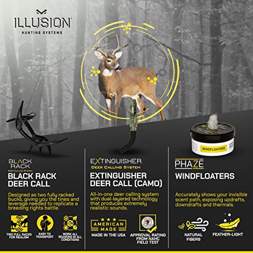 Illusion Systems Bundle - Windfloaters, Extinguisher Deer Call System (Camo) & Black Rack Rattling System - Pack Of 3 #TOP1