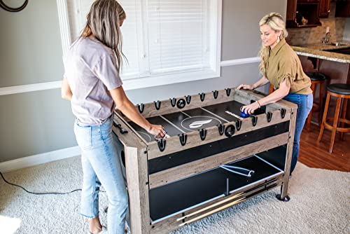 56” 4-in-1 Swivel Multi-Game Table - Air Hockey, Billiards, Foosball, Ping Pong - Rustic Wood Grain Finish, Brown