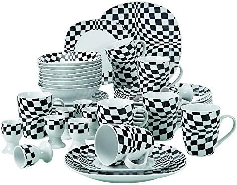 VEWEET Service for 8 (LOUISE Series) Livingware Black Mosaics Patterns Kitchen Plates 40-Piece Porcelain Tableware Sets, 22.1 x 13.4 x 11.8 inches,