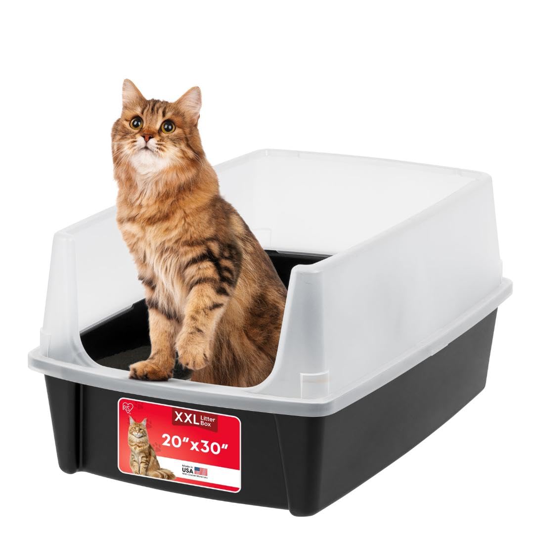IRIS USA Extra Large Open Top Cat Litter Box with Scatter Shield, Sturdy Easy to Clean Open Air Kitty Litter Pan with Tall Spray and Scatter Shield, Black