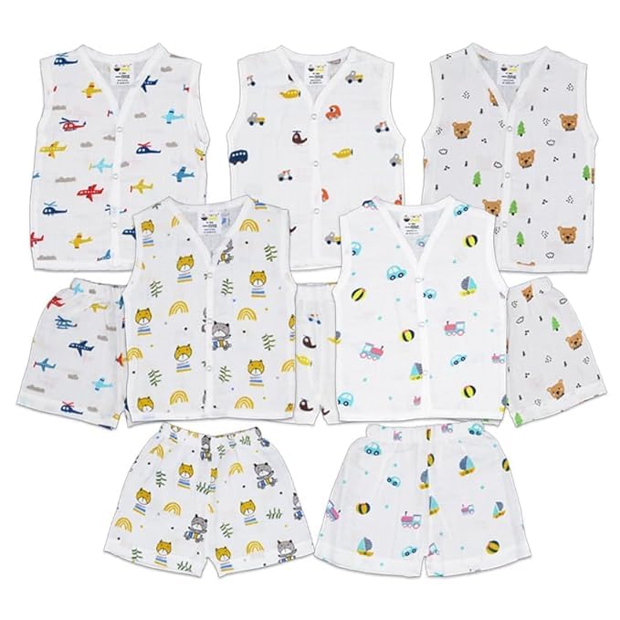 Image of Muslin Jabla & Shorts|For Boys & Girls|Summerwear Sleeveless Vest|Baby Products|Casual Clothing Set