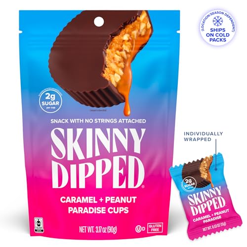 Image of SkinnyDipped Caramel Peanut Paradise Cups, 3.2oz Bags | 4 Pack | Rich Dark Chocolate, Creamy Peanut Butter & Caramel Filled | Individually Wrapped | Low Sugar | Gluten Free