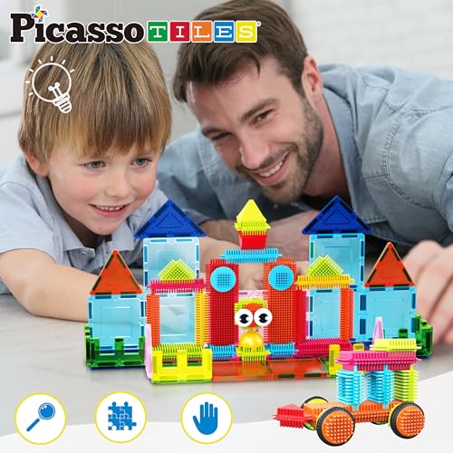 Image of PicassoTiles Magnetic Tiles & Hedgehog 2-in1 Interlocking Brush Connector Magnet Building Blocks Construction Set Learning Playset STEM Toys Development Preschool Education Toy Toddler Age 3 Up PTE21