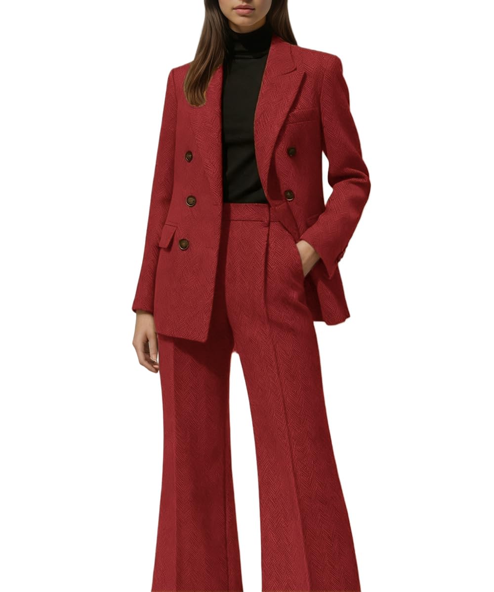 Vintage Herringbone Suit for Women Retro Double Breasted Casual Womens Tweed Pant Suit Winter Business Suits Set