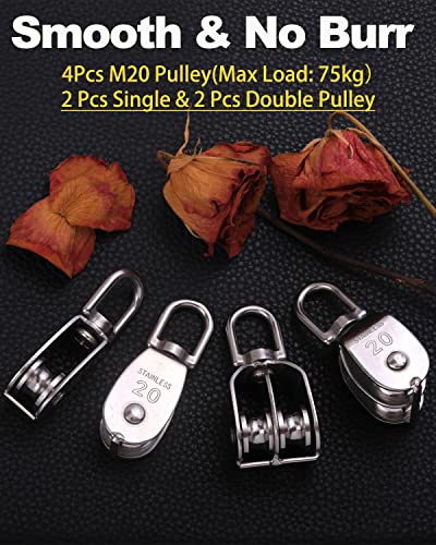 Rocaris 4 Pack M20 Pulley Block, 2 Pcs Single Pulley & 2 Pcs Double Pulley 304 Stainless Steel Wire Rope Lifting Swivel Hook #TOP3