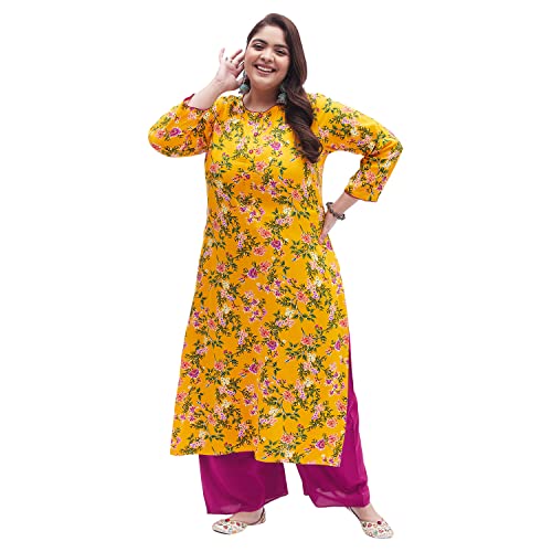 Image of Tissu Women's Plus Size Yellow & Pink Printed Kurta with Palazzo