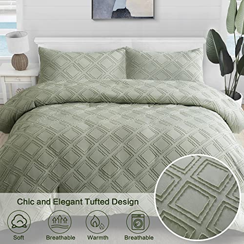 Easeland 3 Pieces Tufted Comforter Set Queen,Soft Warm Jacquard Shabby Chic Duvet Sets For Summer,Boho Lightweight Fluffy Textured Down Alternative Bedding Set,88×88In,Sage Green #TOP1